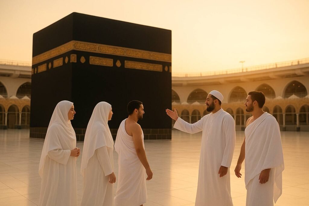 Young Muslims at the Kaaba with a guide, showing why a guided Umrah USA experience is life-changing for youth.